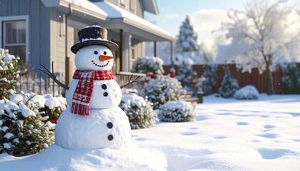 A cheerful snowman standing proudly in a snow-covered front yard, a quintessential winter scene