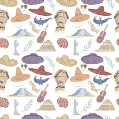 Mexico culture and traditions hats and sombreros guitar travel and tourism volcanoes and pyramids recreation bright ponchos national clothing hand-drawn sketch cute cartoon