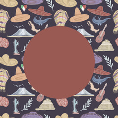 Mexico culture and traditions hats and sombreros guitar travel and tourism volcanoes and pyramids recreation bright ponchos national clothing hand-drawn sketch cute cartoon