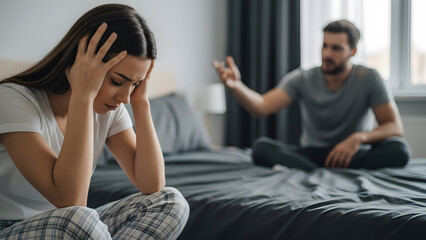 Fototapeta premium Upset woman ignoring boyfriend during serious bedroom argument | Couple fighting intensely about relationship problems and divorce | Emotional distress and stress due to marital conflict at home | You