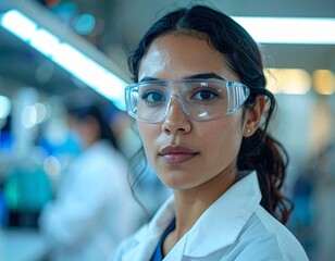 Close-up Portrait of Focused Scientist Wearing Professional Safety Goggles in Modern Laboratory