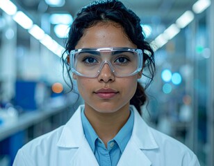 Close-up Portrait of Focused Scientist Wearing Professional Safety Goggles in Modern Laboratory