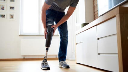 amputee adjusting knee prosthesis while standing in kitchen with natural light