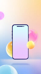 Modern digital artwork of smartphone surrounded by floating colorful spheres. Concept of digital branding systems, app marketing, startup identity, and contemporary technology advertising.