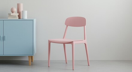 Obraz premium A pastel pink chair and blue cabinet in a minimalist interior setting