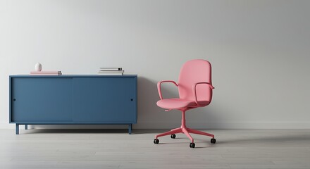 A modern pink office chair and blue cabinet in a minimalist interior space
