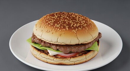 Complete burger on plate, featuring sesame seed bun, patty, lettuce, tomato, and cheese. Represents comfort food and casual dining experience