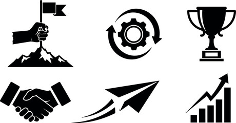 Black flat icon set including hand holding flag goal trophy handshake paper plane chart growth arrow cycle gear
