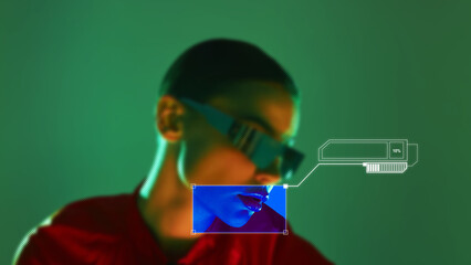 Futuristic mixed media portrait with augmented reality face scanning interface. Concept of biometric identification, digital security systems, and data-driven business platforms.
