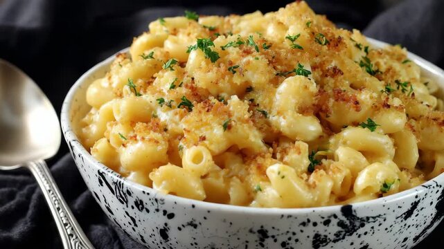 Overhead View Of Macaroni And Cheese Topped With Breadcrumbs and Parsley In Speckled Bowl With Silver Spoon And Gray Fabric On Dark Background