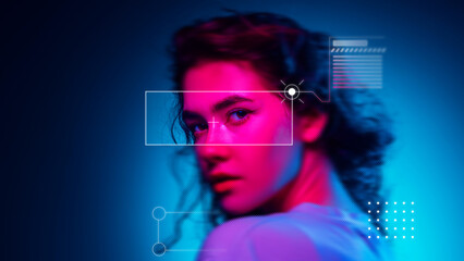 Conceptual artwork female portrait with digital targeting and data overlay. Concept of customer profiling, marketing insights, audience segmentation and business intelligence systems.