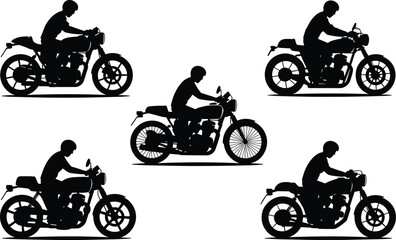Naklejka premium Silhouette icons of motorcycle riders in various postures and bike styles, perfect for transport, sport, and lifestyle illustrations.