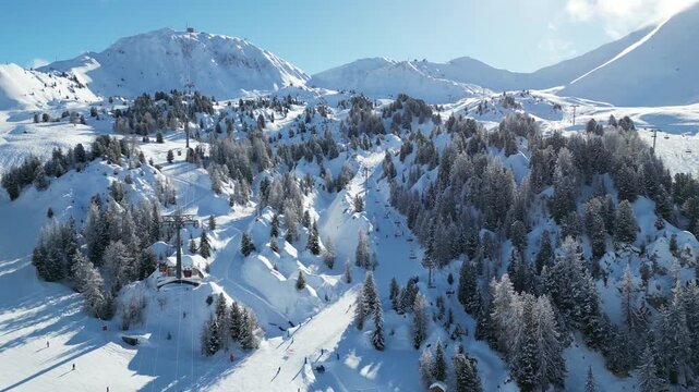 Aerial view of Skiing area of Paradiski, La Plagne, France Alpes