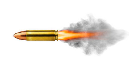 Realistic 9mm bullet firing with muzzle flash and smoke isolated on transparent background