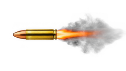 Realistic 9mm bullet firing with muzzle flash and smoke isolated on transparent background