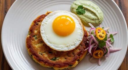 Delicious Breakfast Plate with Fried Egg and Savory Pancake.