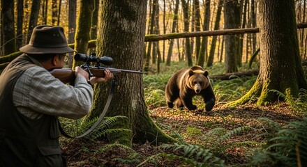 緊迫の狩猟現場：突進する熊に向けて猟銃を構える日本人ハンター