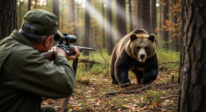 緊迫の狩猟現場：突進する熊に向けて猟銃を構える日本人ハンター