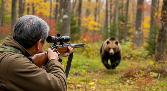 緊迫の狩猟現場：突進する熊に向けて猟銃を構える日本人ハンター