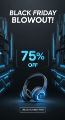 Obraz premium Headphone against dark futuristic background with blue neon. Sale advertisement. Represents offer, technology, Black Friday, special promotion