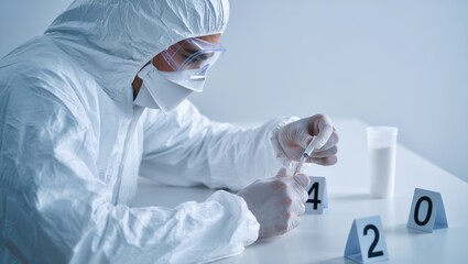 forensic technician collecting samples in white suit placing numbered evidence blocks on floor
