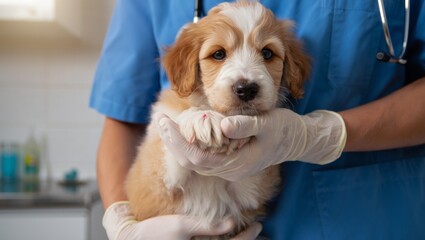 vet holding puppys paw during gentle examination with calm studio lighting and close focus