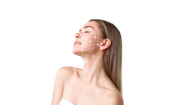 Elegant mixed media beauty portrait with facial mapping technology overlay. Concept of cosmetic technology, skin diagnostics, aesthetic medicine services, premium beauty and product communication.