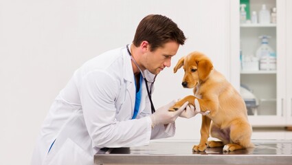 vet holding puppys paw during careful check with neutral background and soft focus