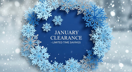 Festive circle frame with blue and silver snowflake, evoking a winter holiday and seasonal promotions on a snowy abstract background free space