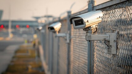 Medium shot of surveillanceenabled fence with mounted cameras and motion detectors monitoring airport perimeter for continuous realtime threat detection.