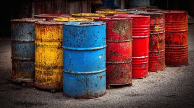 Colorful, old and rusty metal barrels create an industrial landscape. The blue, yellow, and red drums add a touch of vibrancy to the scene of weathered and discarded items.