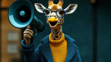 giraffe ,holding a megaphone and shouting, with a light cyan background,