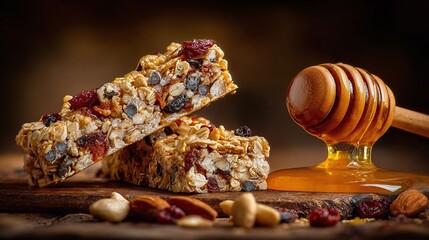 Enjoy wholesome energy with these delicious granola bars, packed with hearty grains, dried fruit, and nuts. Drizzled with golden honey, they're a perfect treat! Fuel your day!