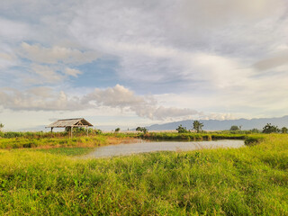 Fototapeta premium Rustic Hut by the Lake under Clear Skies
