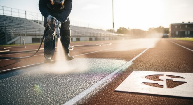 footage of polyurethane spray paving transforming an old athletic track into a sleek professional running surface with perfect lane markings.