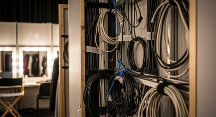 Footage of cables and electrical wiring being organized behind modular dressingroom walls backstage.
