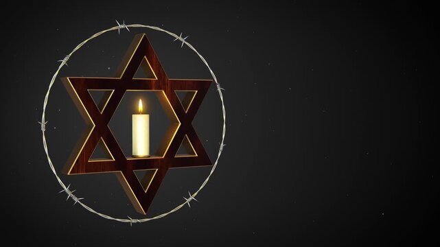 White Candle Inside Golden Star of David with Barbed Wire for Remembrance and Hope Background