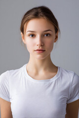Professional Studio Portrait of a 27-Year-Old Woman in White T-Shirt, Dark Hair, Natural Look