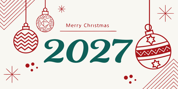2027 Merry Christmas greeting card with modern festive ornaments, minimalist winter elements, geometric holiday decorations, and clean seasonal artwork for commercial creative projects