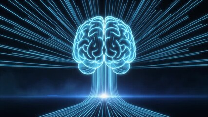 Abstract glowing digital brain forming with streams of blue light particles expanding outwards representing artificial intelligence and neural network connections - Powered by Adobe