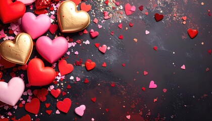 Colorful heart shapes and confetti scattered on a dark textured background for celebrations.