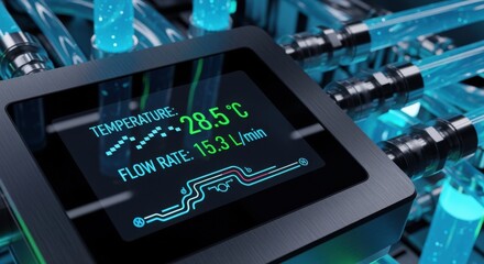Focus on a digital display tracking temperature and flow rate within the liquidcooling loops supporting a futuristic data center supercomputing cluster.