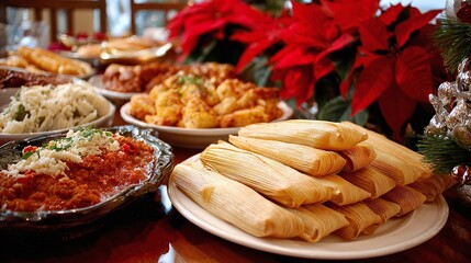 Fototapeta premium Feast your eyes on this vibrant holiday table, adorned with a colorful array of dishes & festive poinsettias. From hearty tamales to spicy sauces, a perfect meal to share!
