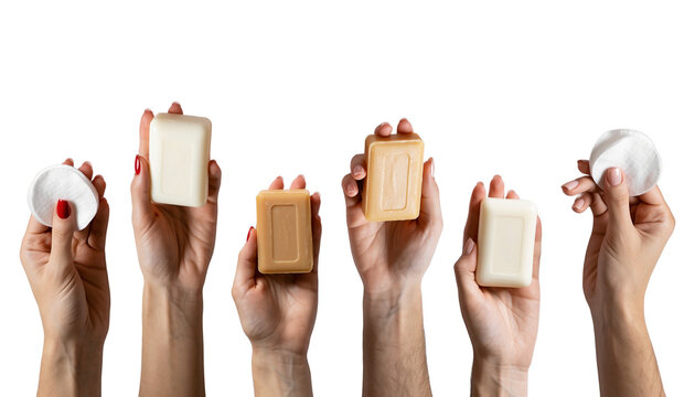 Human hand holding a bar of soap, front view, clean skin, natural hand pose transparent background