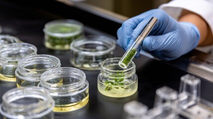 Technician working with sterile tools in a laboratory setting to propagate plants using tissue culture methods for rapid reproduction.