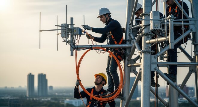 Engineers connecting fiberoptic cables to drone trafficcontrol antennas on a newly erected reinforced steel tower. - Powered by Adobe