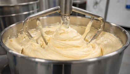 Medium shot of creamy vanilla cake batter being mixed in a large stainless steel bowl highlighting smooth texture and automated industrial baking process.