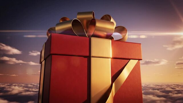 Luxury red gift box with golden ribbon at sunset