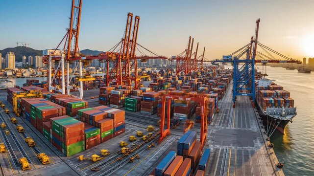 Container port with cranes and cargo ship