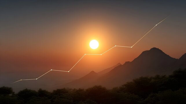 A bright sun sets behind silhouetted mountains overlaid with a glowing upward trending line graph representing growth and success - Powered by Adobe